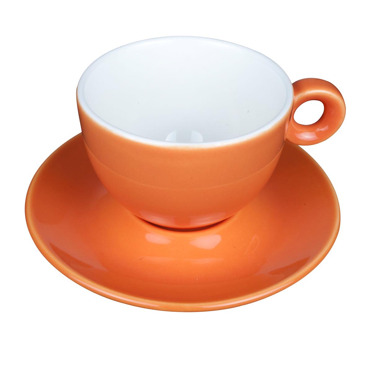 Druck einer orangefarbenen Cappuccinotasse mit Untertasse Bola Druck einer orangefarbenen Cappuccinotasse mit Untertasse Bola